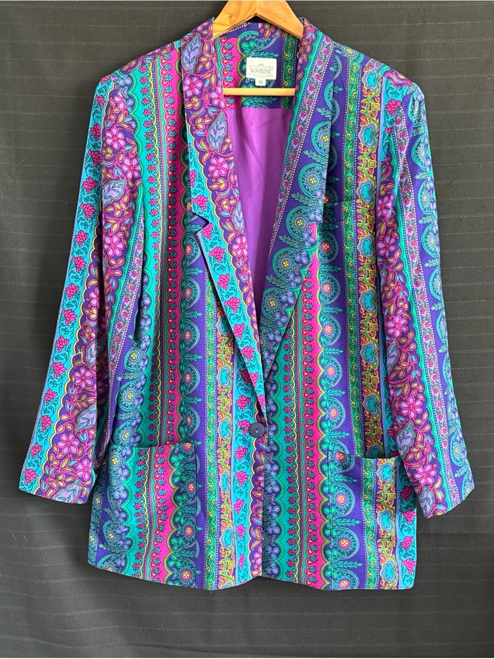 Vintage 80s Purple Floral Paisley Blazer Jacket Womens 12 Boho Artsy Avant Garde